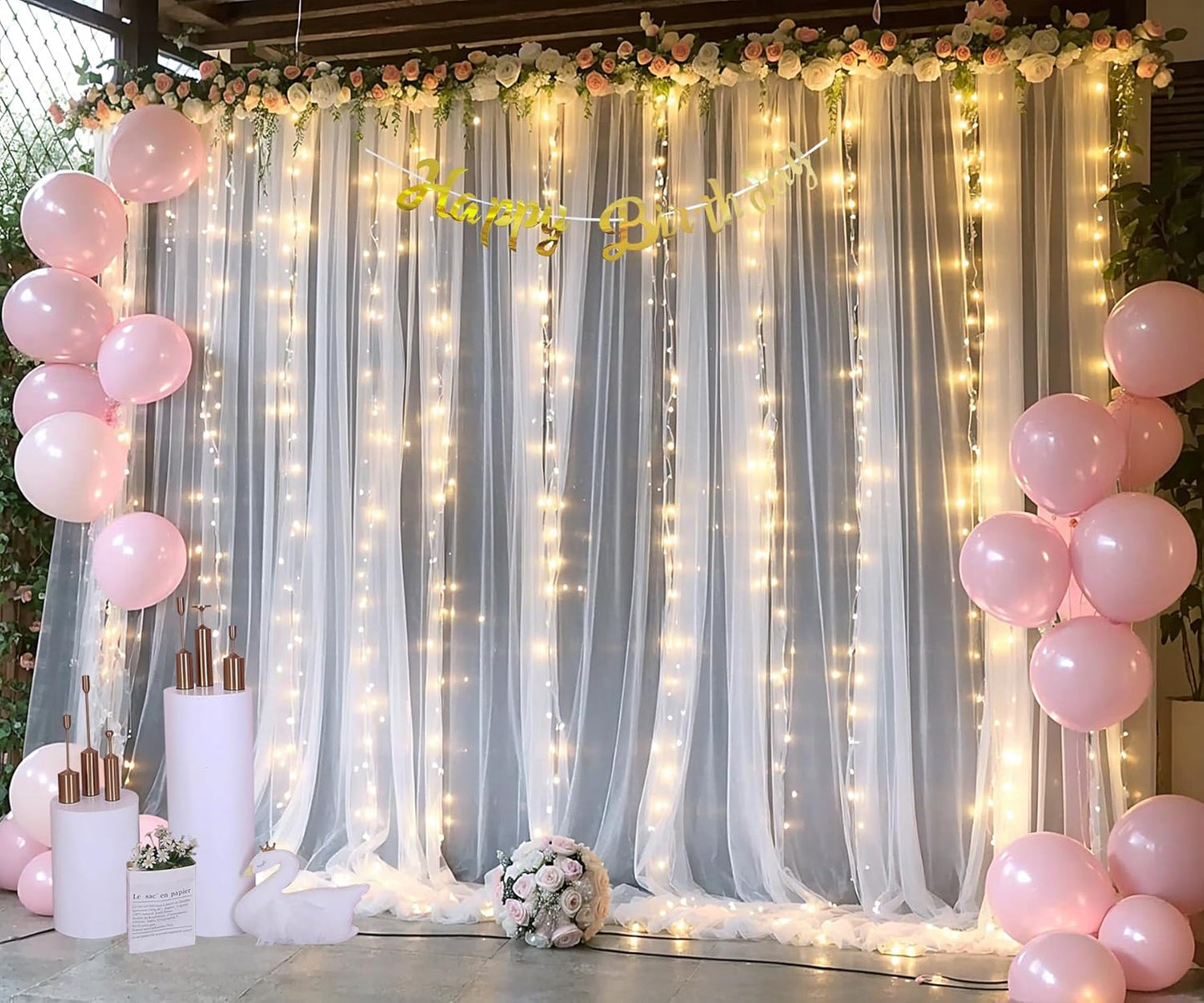 Suppromo 108ft Decorations(2 10ft8ft) White Tulle Backdrop Curtain with Lights String for Parites Sheer Backdrop