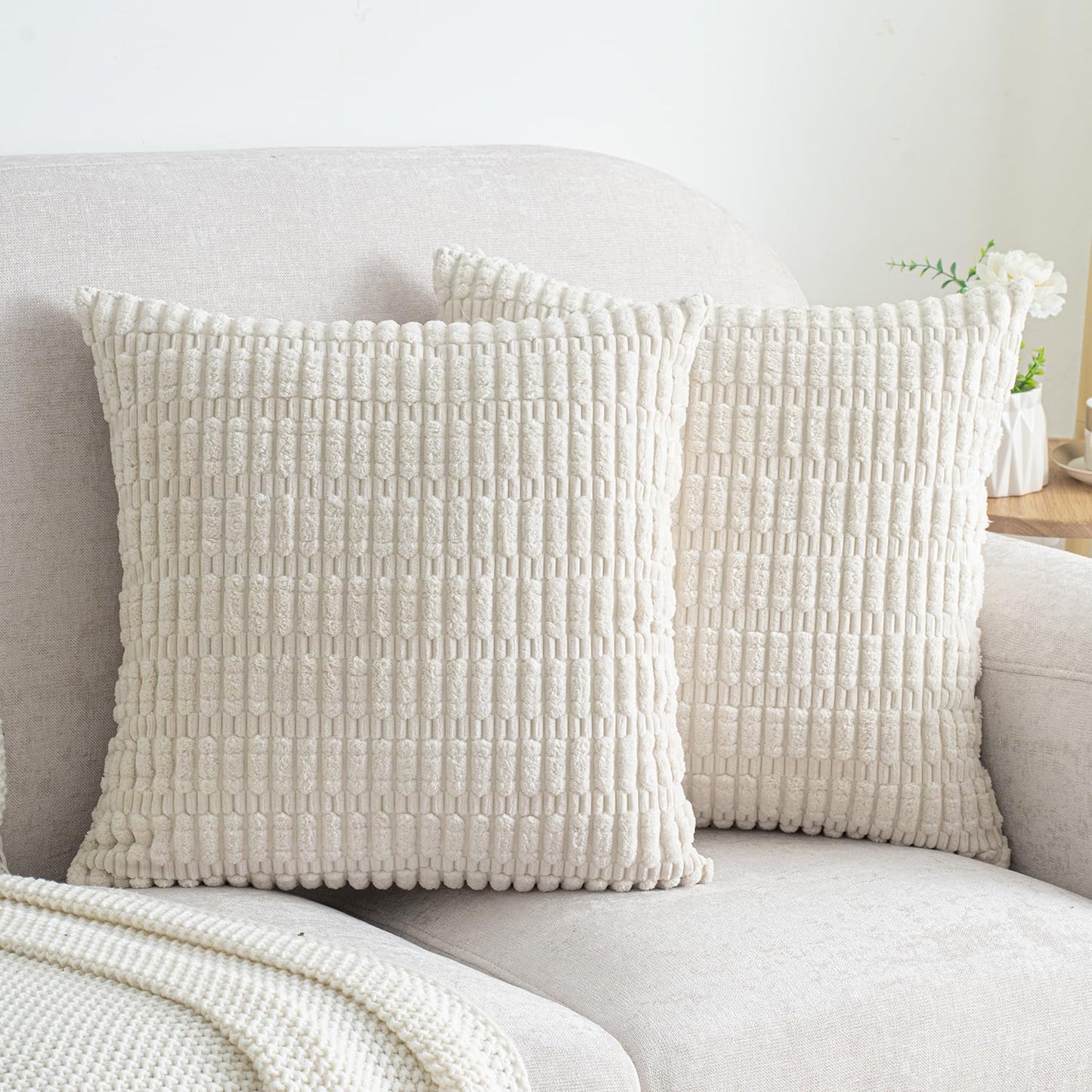 Skiennix Corduroy Throw Pillow Covers - Soft Boho Striped Design | 18x18 Inch Cream White for Modern Home Decor