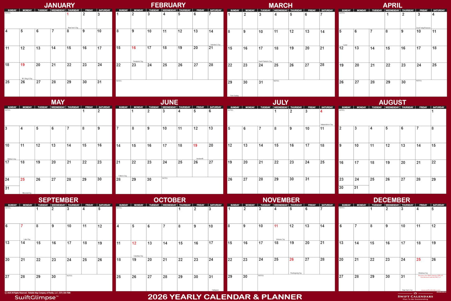 24" x 36" SwiftGlimpse 2026 Wall Calendar Erasable Large Wet & Dry Erase Laminated 12 Month Annual Yearly Wall Planner, Reversible, Horizontal/Vertical, Maroon