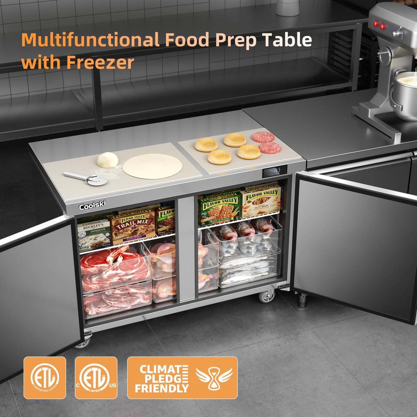 Coolski Commercial Freezer, 48”W Double Door Under Counter Freezer with 13.4 Cu.ft., -13℉to -5℉ Stainless Steel Fan Cooling Worktop Freezer for Restaurant, Bar, Kitchen, Food Truck