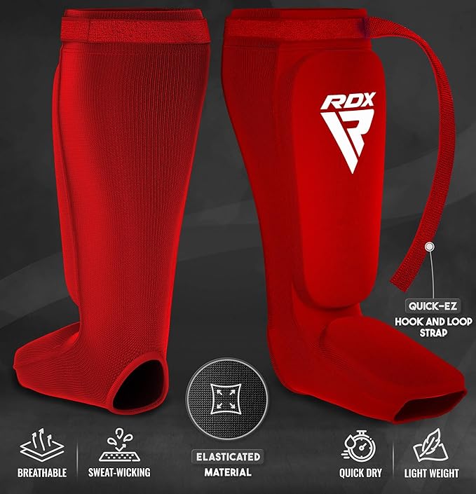 RDX Shin Guards Kickboxing Muay Thai, SATRA Approved, MMA Leg Instep Protection Pads, Sparring Training Martial Arts Boxing, Elasticated Padded Protector, Karate BJJ Taekwondo Gear, Men Women