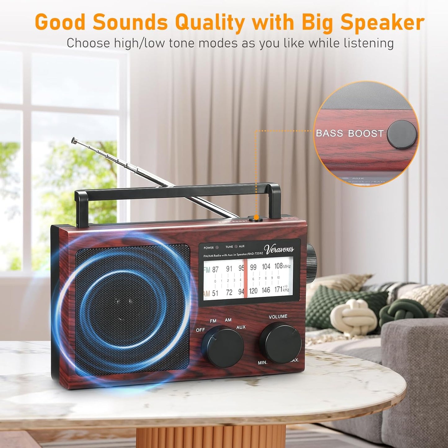 Veravoxes Portable AM/FM Radio with Bass Control, Equipped with a Built-in high-Power Speaker, Headphone Jack, and AUX
