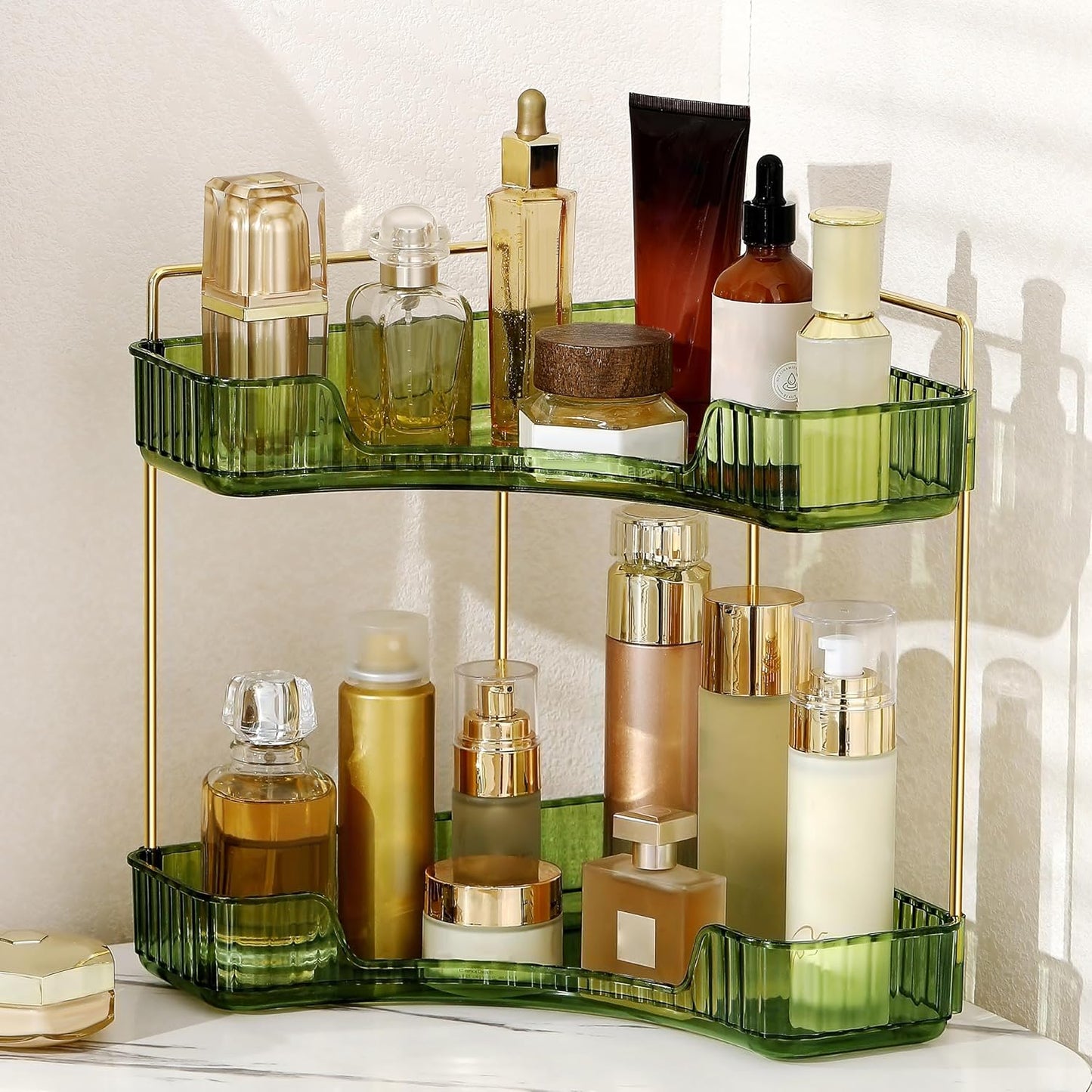Skiennix Corner Bathroom Counter Organizer - 2-Tier Makeup & Perfume Shelf in Green