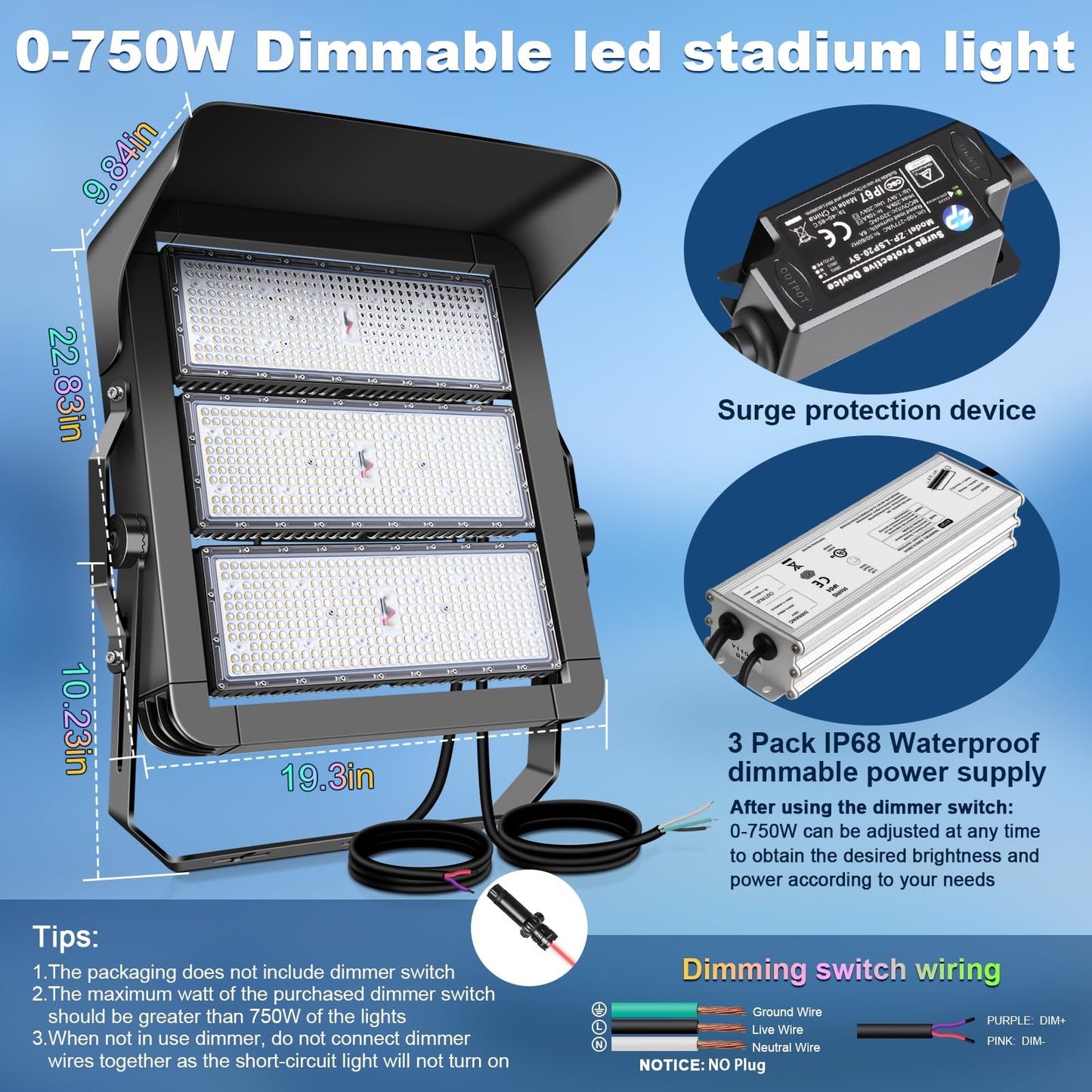 BIRITALO 112500LM Led Stadium Light Dimmable 0-750w Super Bright Led Arena Flood Lights Outdoor 100-277v 5000k Yoke U Mount IP66 Waterproof Outside Wall Light Commercial for Square, Golf Court, Port