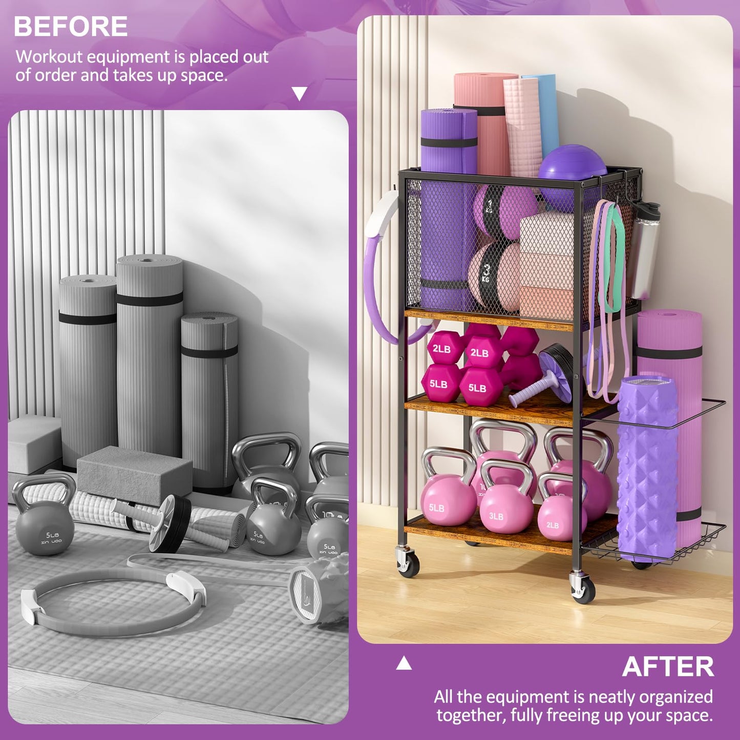 3 Tier Dumbbell Rack, Yoga Mat Storage Holder, Home Gym Storage Rack, Workout Equipment Storage Organizer, Weight Storage Holder Rack with Hooks and Wheels