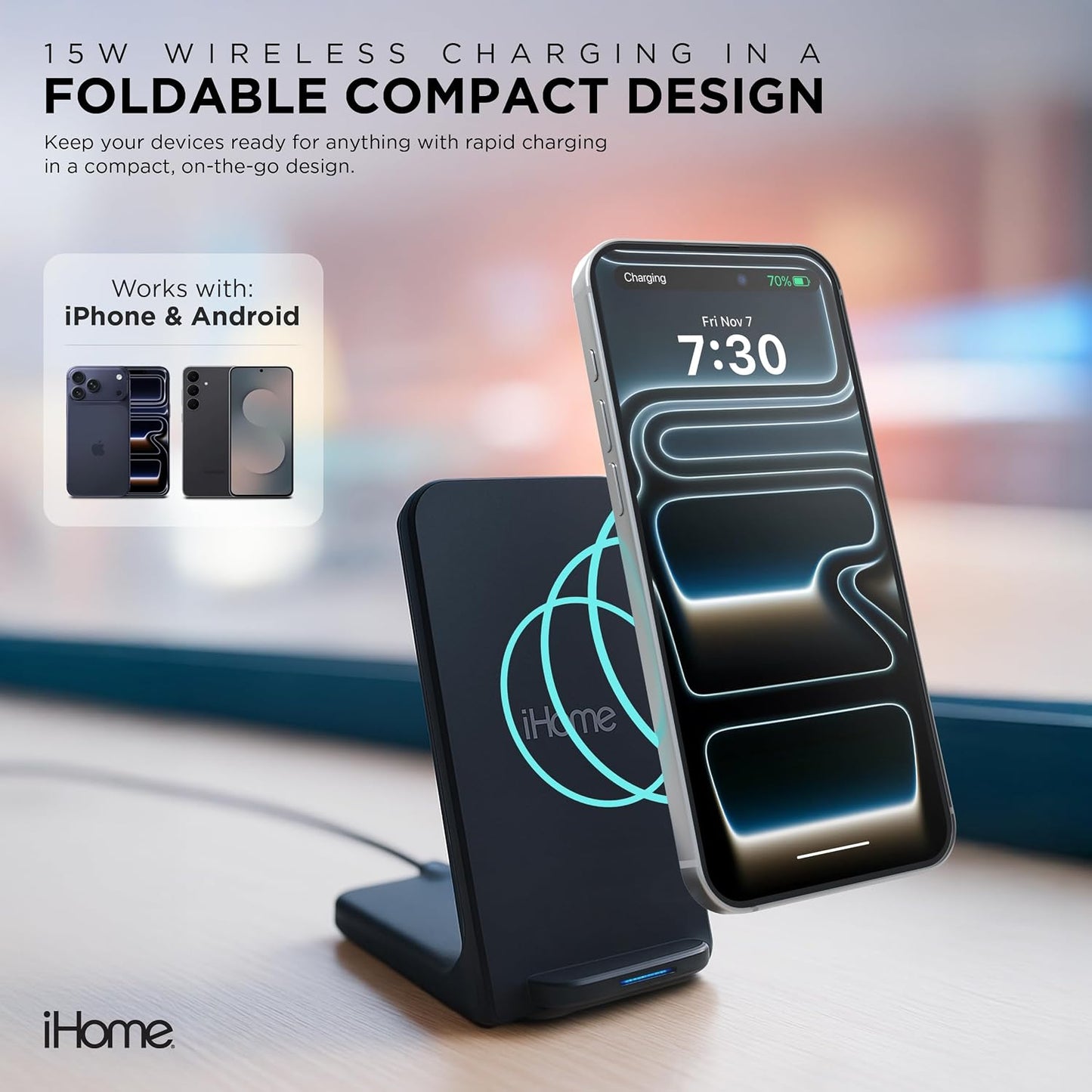 15W iHome Folding Wireless Charging Stand, Fast Charge, Travel-Friendly Design, Cable Included
