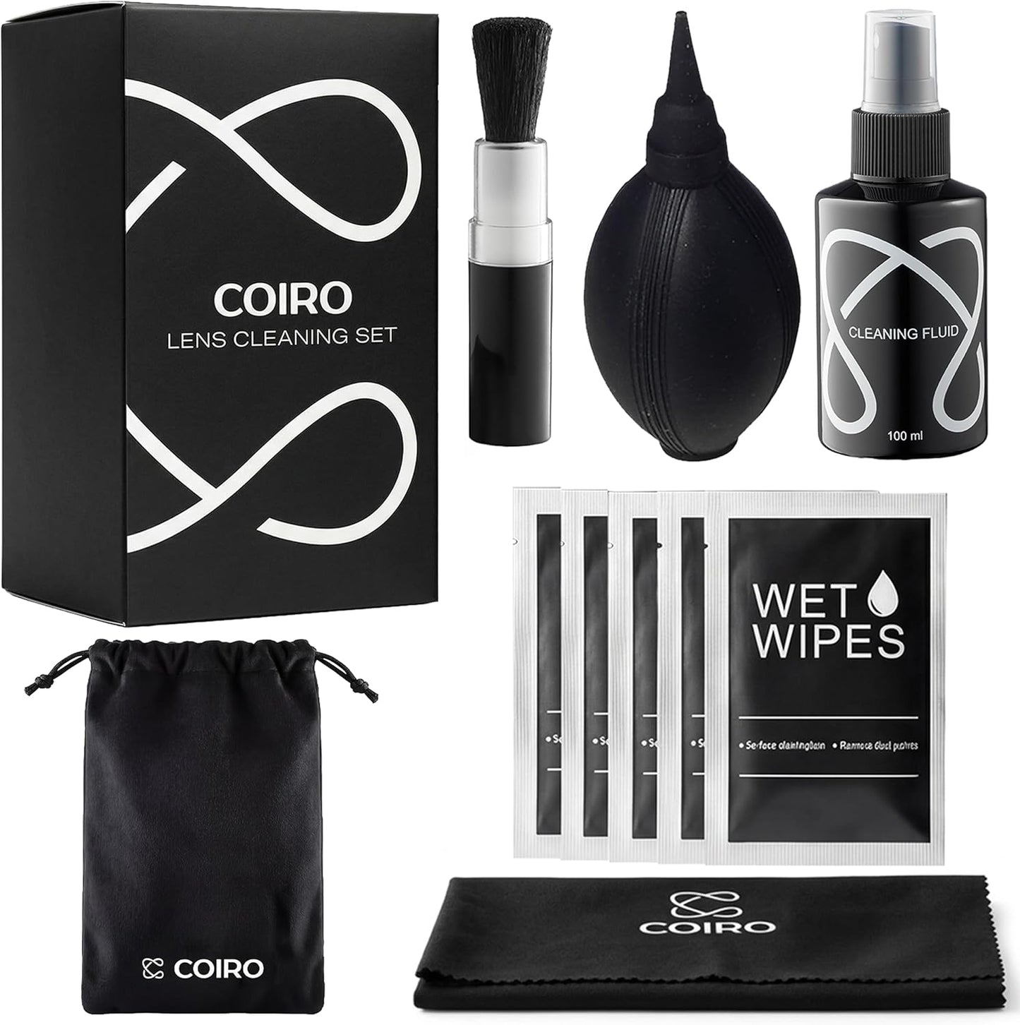 C Coiro 100ml, Coiro Camera Lens Cleaning Kit Camera Air Blower, Lens Cleaner Spray Soft Brush, Wet Wipes & Cloth DSLR