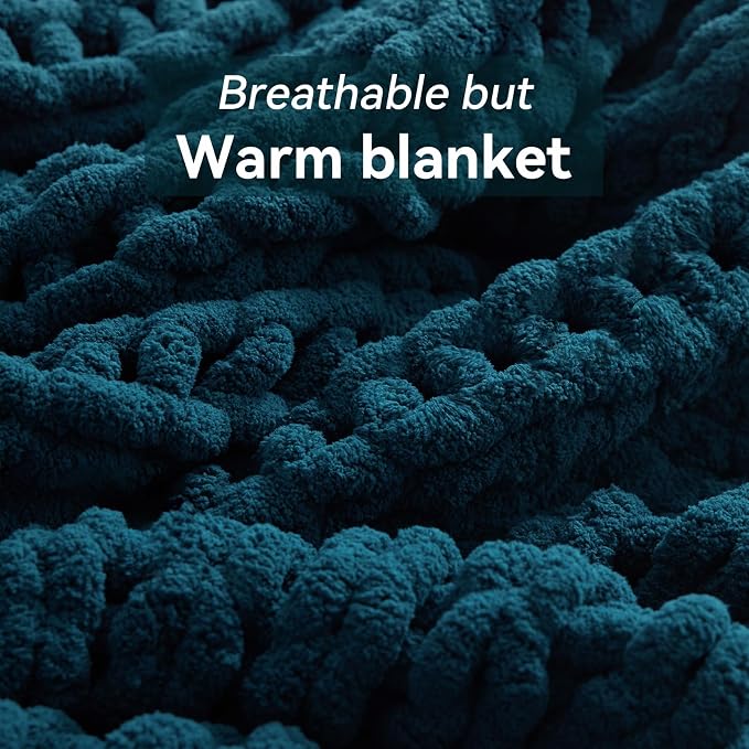 Negwoo Chunky Knit Throw Blanket, 80''*90'' Knitted Throw Chenille Yarn for Bed Couch, Handmade Peacock Blue Crochet Big Thick Blanket, Machine Washable Cute Comfy Blanket for Home Decor
