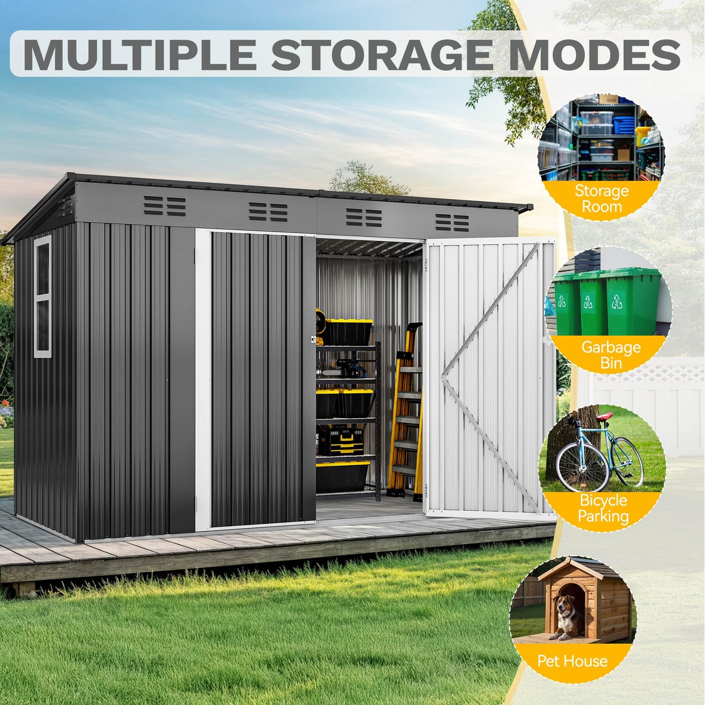 DWVO 9' x 4' Outdoor Storage Shed with Windows, Lockable Double Doors, Sloped Roof, Heavy-Duty Steel Shed for Garden & Patio, Large Backyard Tool Organizer, Dark Gray