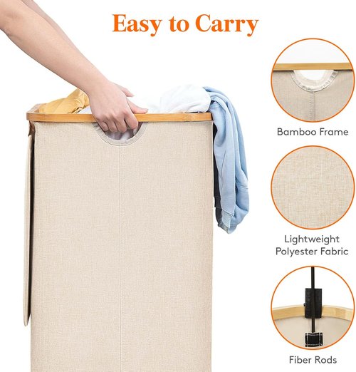 Lifewit 120L Laundry Basket - Foldable Hamper with Lid & Bamboo Handles | Beige, Ideal for Bedroom & Bathroom