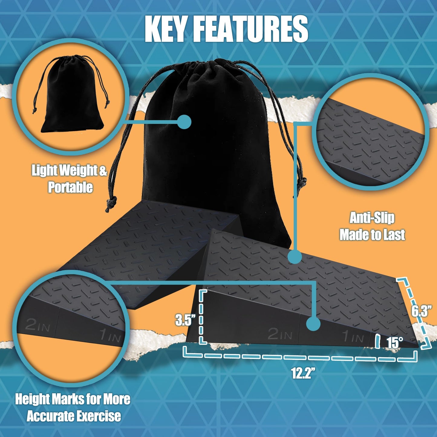 Squat Wedge Blocks for Deep Squats: 2-Pack Non-Slip Slant Boards for Barbell Goblet & Mobility Training with Carry Bag