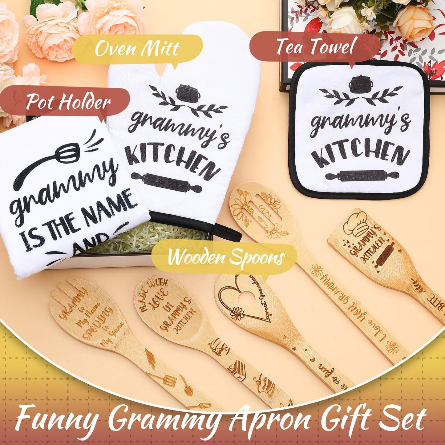 Leyndo 10 Pcs Mother's Day Grammy Kitchen Gifts Set Include Apron Tea Towel Tea Spoon Pot Holder Oven Mitt Bamboo Kitchen Spatula Cooking Baking