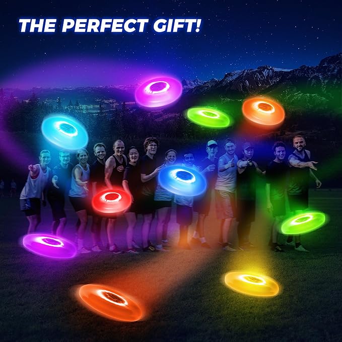 Glow in The Dark LED Flying Disc - 7 Dynamic Modes, 7 Colors, IP65 Waterproof, Perfect Birthday & Camping Gift for Men/Boys/Teens/Kids - Outdoor Games & Cool Toys, 175g