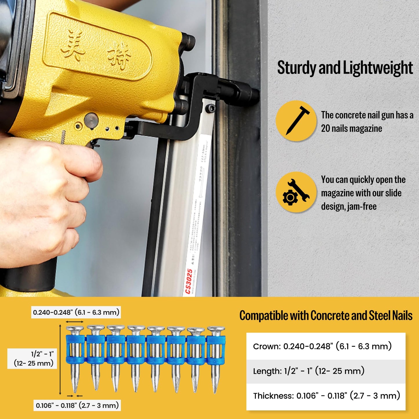 meite CS3025 Concrete Nail Gun with 12 Gauge 7/8 Inch Plastic Collated Drive Pins 1000PCS, Pinner Nail Tool for Concrete Ceiling Framing Fixing Drywall Track, Accepts 1/2"-1" Drive Pins