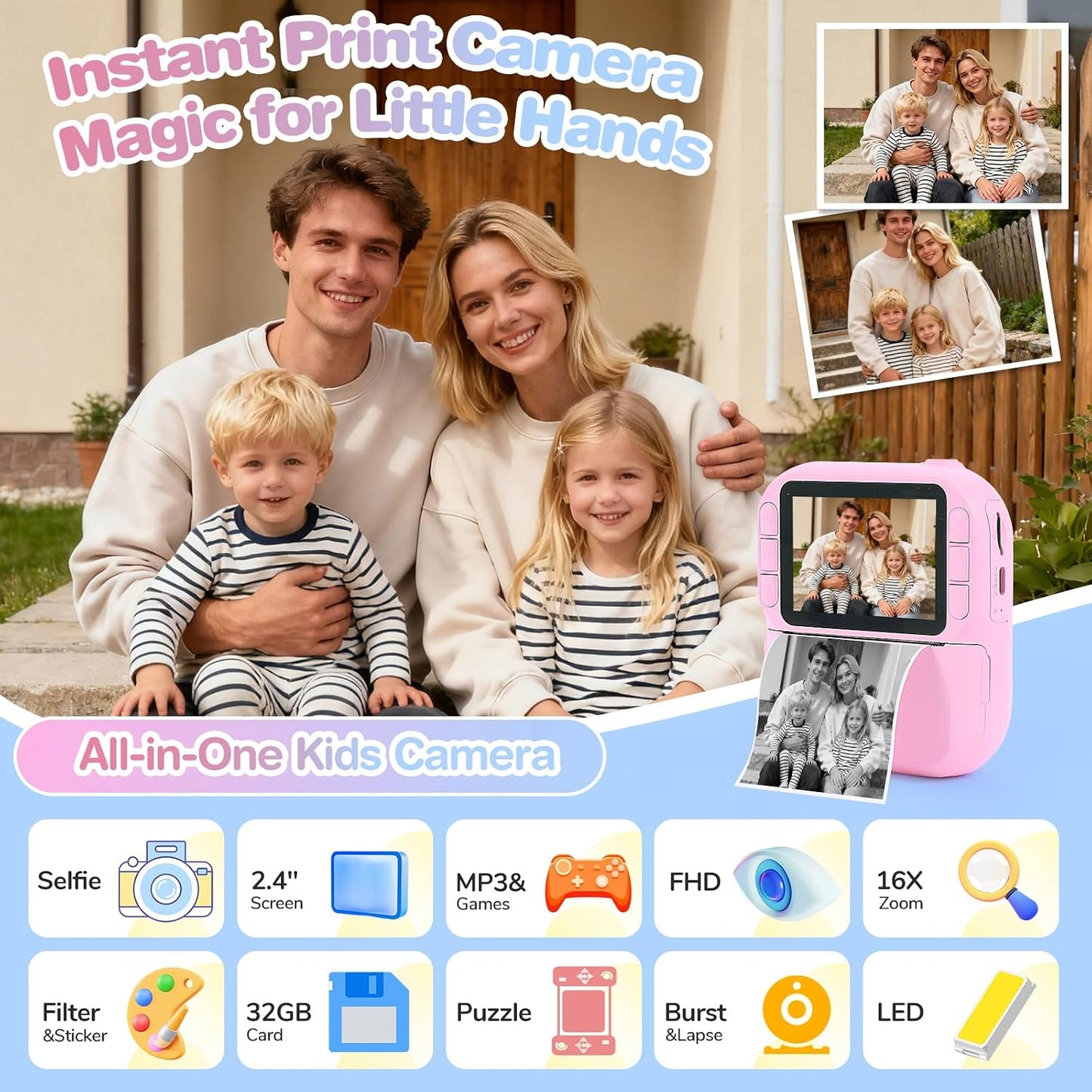 QMWLABS 1080P 32GB MP3 3-12 Kids Camera Instant Print Digital Camera with Thermal Paper, HD Video, Selfie Lens, SD