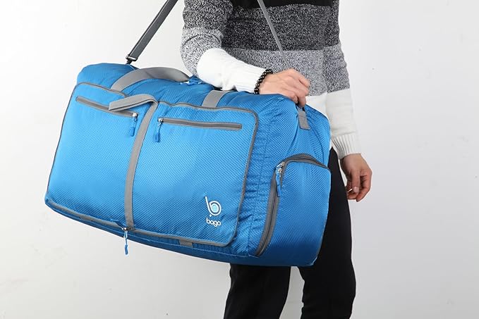 Bago Foldable Duffel Bags for Traveling Women & Men - 60L Medium Packable Duffle Bag for Travel with Shoe Compartment - Water Repellant, Heavy Duty, Lightweight Folding & Collapsible (Blue)