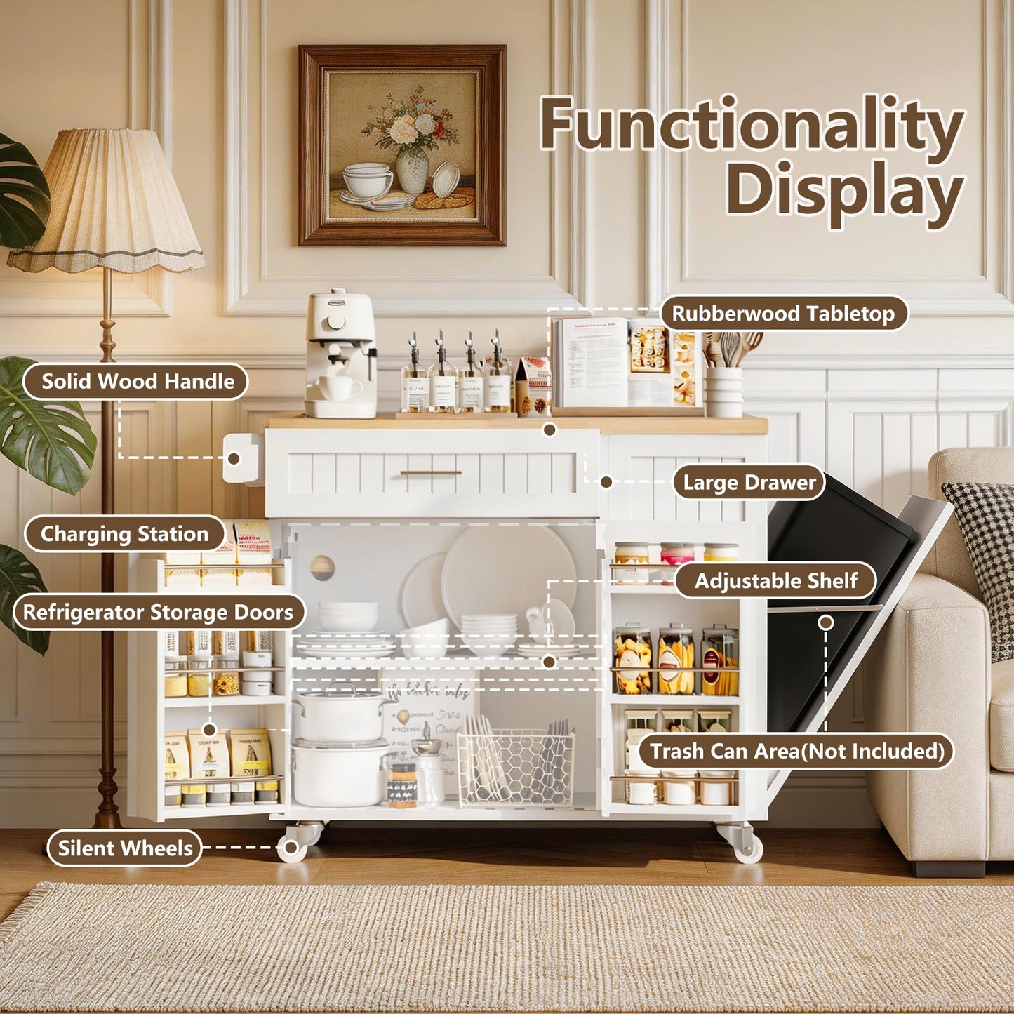 TEROL Kitchen Island with Outlet, Rolling Kitchen Cart Storage on Wheels with Drop Leaf, Trash Can Area, Spice Rack, Towel Bar, Adjustable Shelf, Drawer, Mobile Island Table for Kitchen