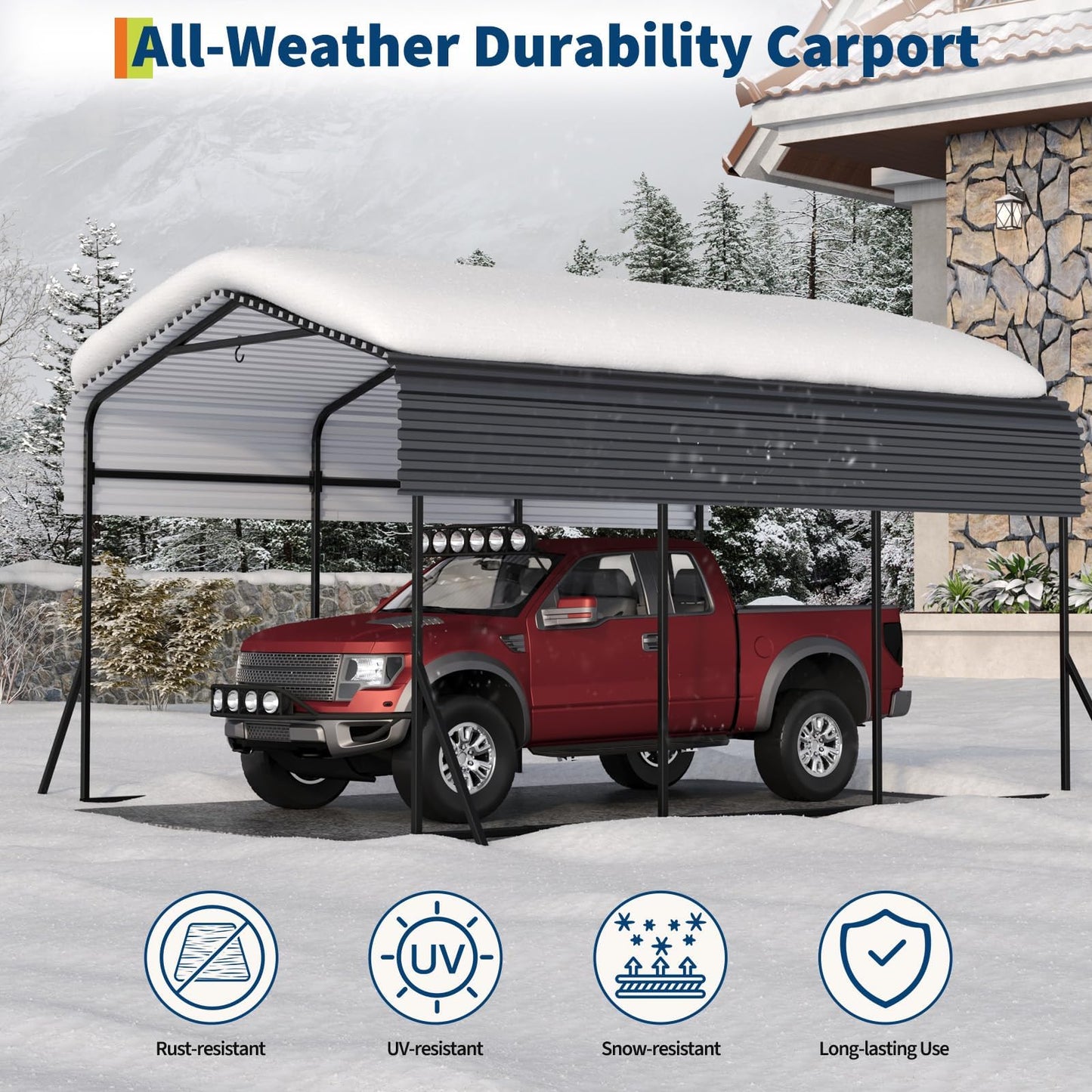 Outdoor Metal Carport, 10x15FT Heavy Duty Carport Canopy with Electro-Galvanized Steel Top & Triple-Braced Foundation, Garage Shelter Shade for Trucks, Boats, Cars