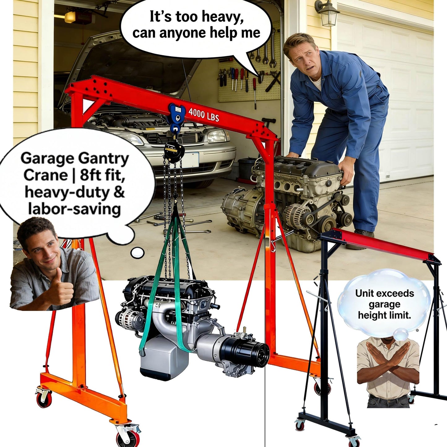 Adjustable Gantry Crane with Hoist and Trolley 4000 LBS, Overall Height Adjustable 7.78~11.04 FT, Shop Crane 2T Hoist Garage Crane