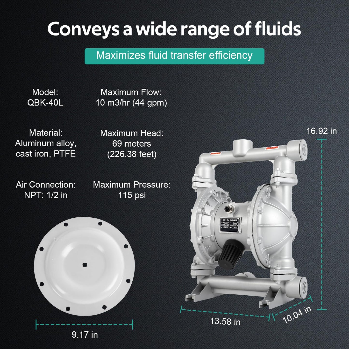 Dollate Air Operated Double Diaphragm Pump 1-1/2 Inch Outlet 44 GPM Pneumatic Transfer Max 115 PSI, QBK_40L, Industrial Chemical Waste Oil, Corrosive Liquid Transportation, With Two Extra Diaphragms