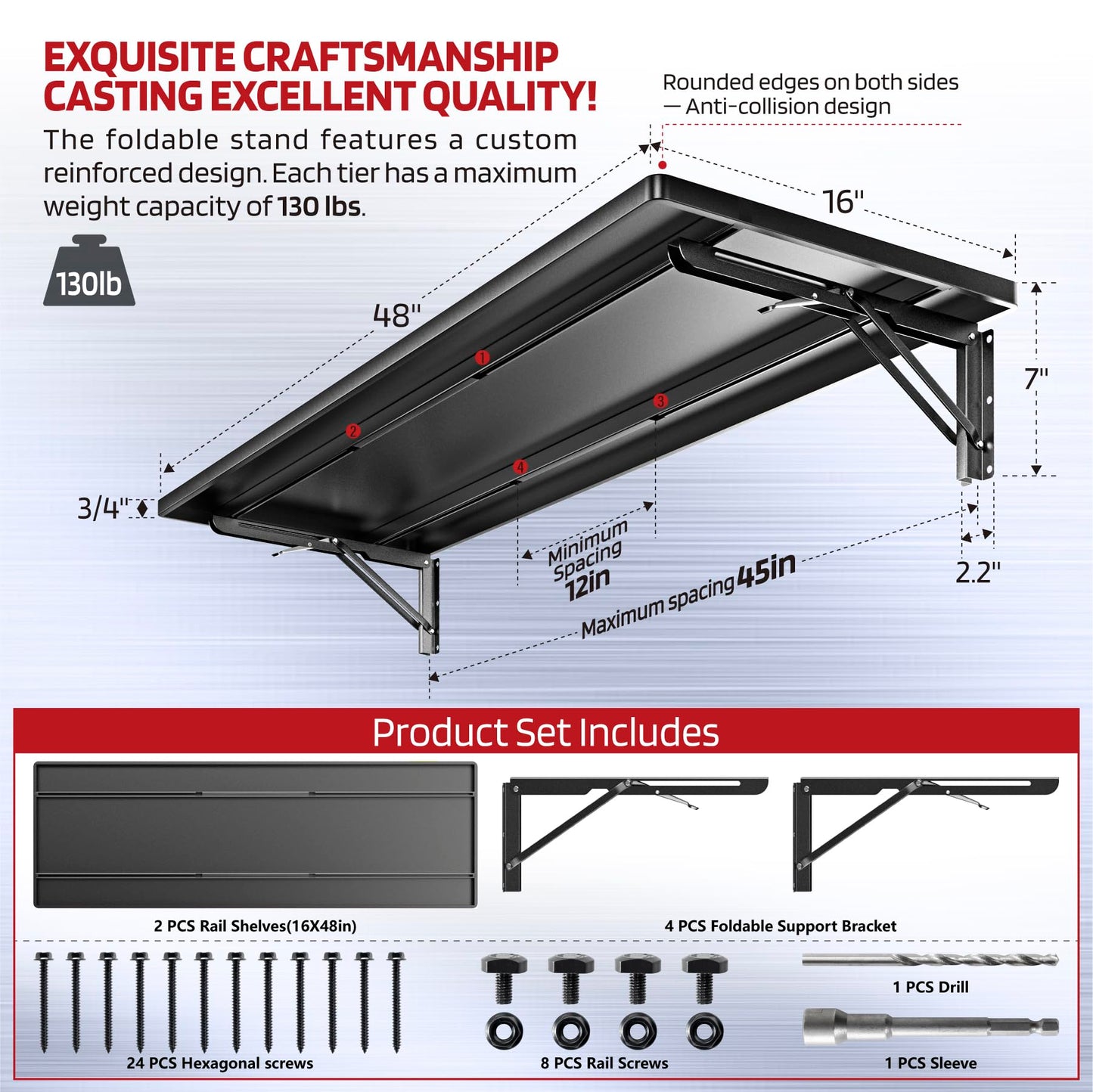 ZiViLi 1.3x4FT Adjustable Garage Shelf Wall Mounted Fold Down Shelf Metal Heavy Duty Black 2Pack