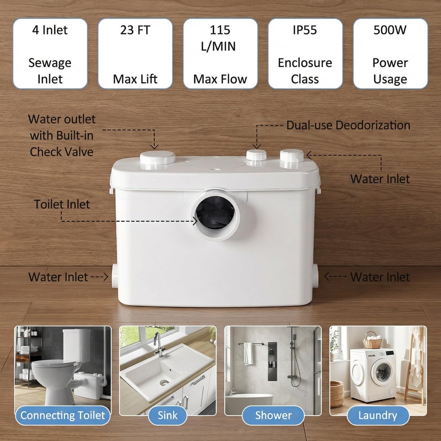Little Meerkat 500W Upflush Toilet System, Macerating Toilet Kit, Powerful Sewage Pump Toilet, White Ceramic Siphon 1.6GPF Flush Toilet for Bathroom, Basement, Garage, No Plumbing Renovation Needed