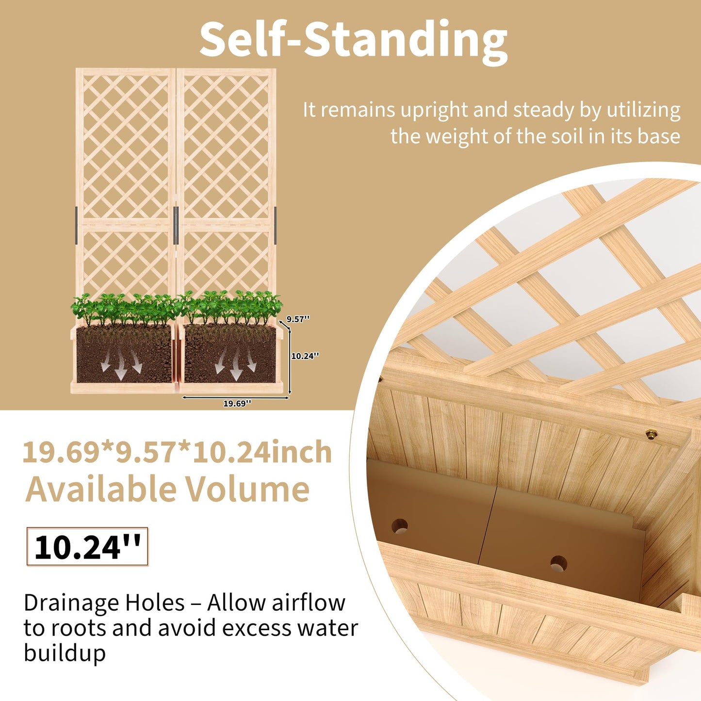 Cedar Privacy Screen with Planter Box - 2-Panel Freestanding Garden Fence, 41 in x10 in x65 in Tall Outdoor Divider with Drain Holes & Raised Bed for Patio, Deck & Backyard (Natural Wood)