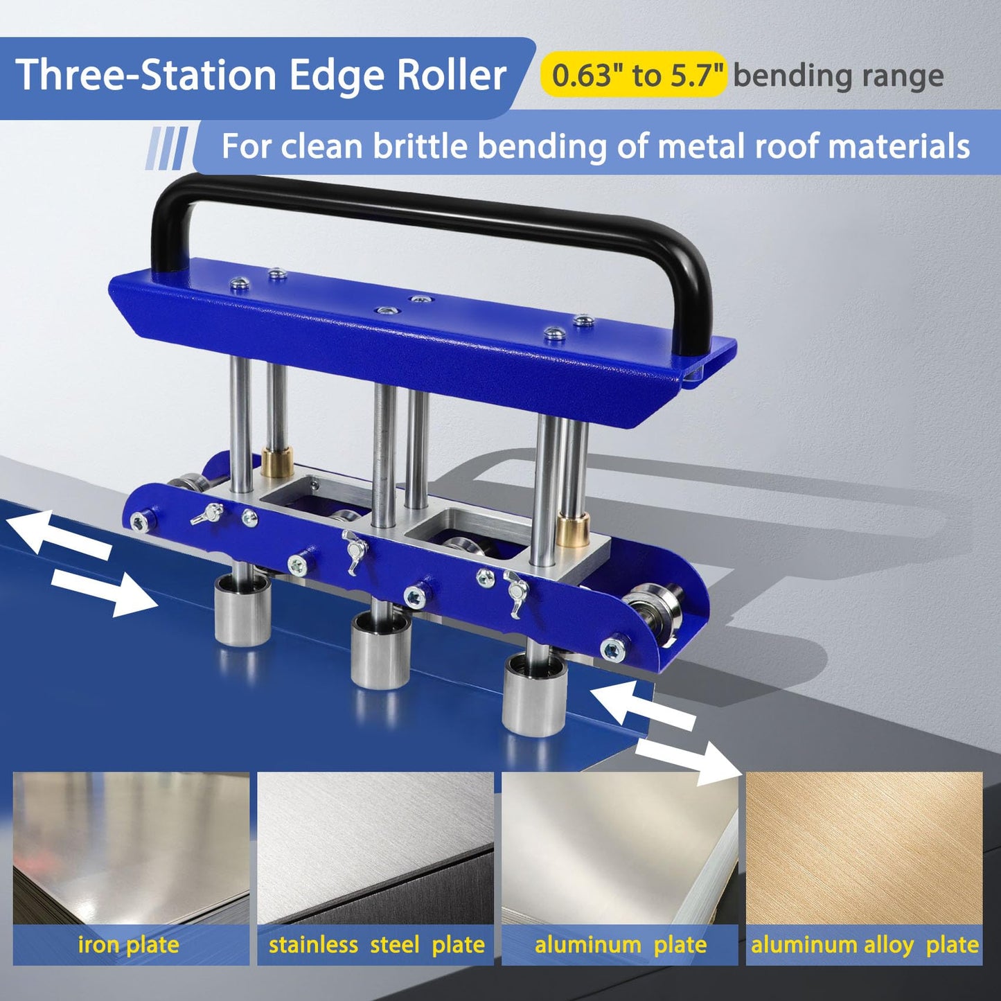 Three-Station Edge Roller for Bending Metal Roofing Materials at 0-90 ° Angle,Sheet Metal Edge Roller Bender Fit for 29 to 22-Gauge Steel,Making 5/8" to 4" (16 to 102 mm) Bends.