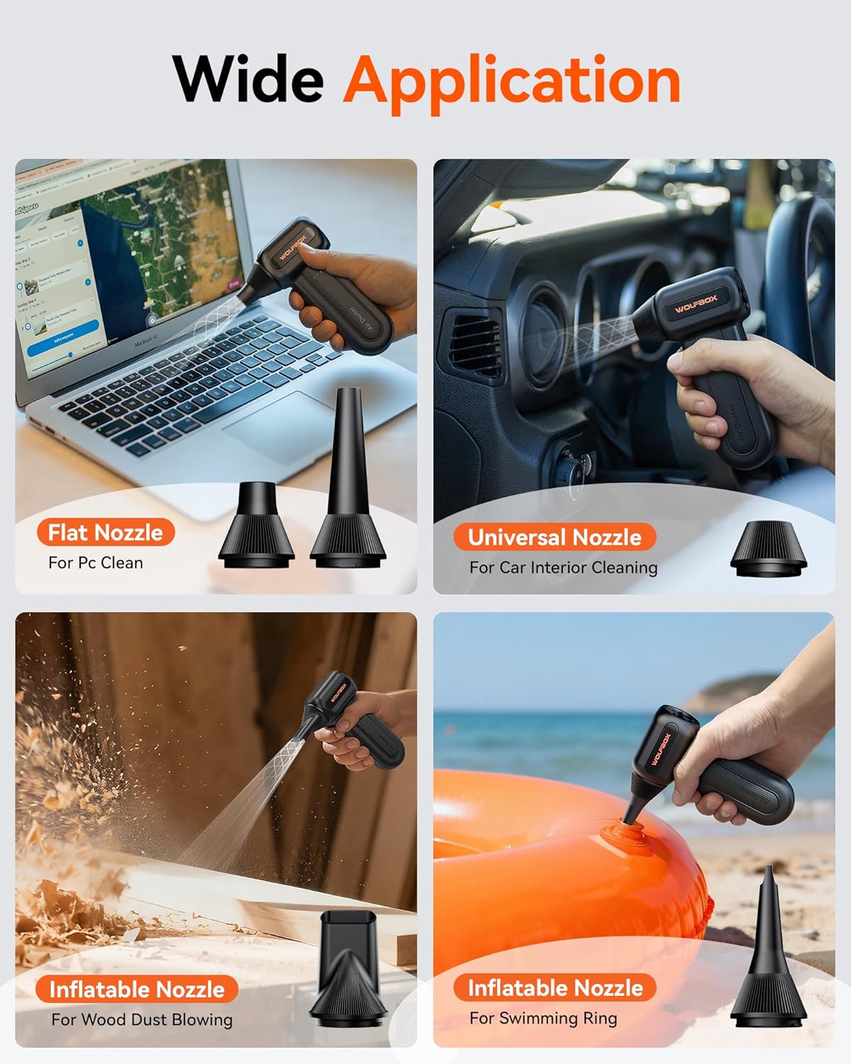 MF60 Duster-110000RPM 3-Speed 5 Nozzle WOLFBOX Compressed Air Super Power Electric Air Duster, Adjustable Rechargeable