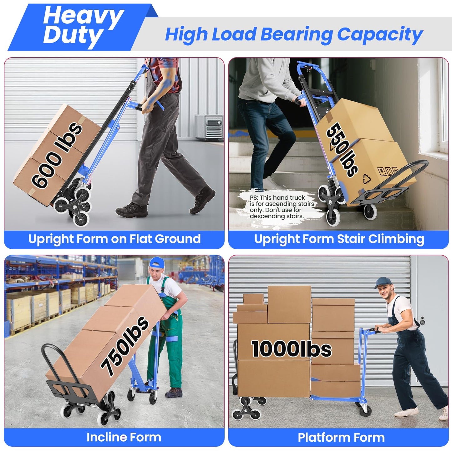 1000LBS Convertible Hand Truck, Heavy Duty Foldable Aluminum Stair Climbing Dolly with Solid Wheels for Moving/Office/Travel (Blue)