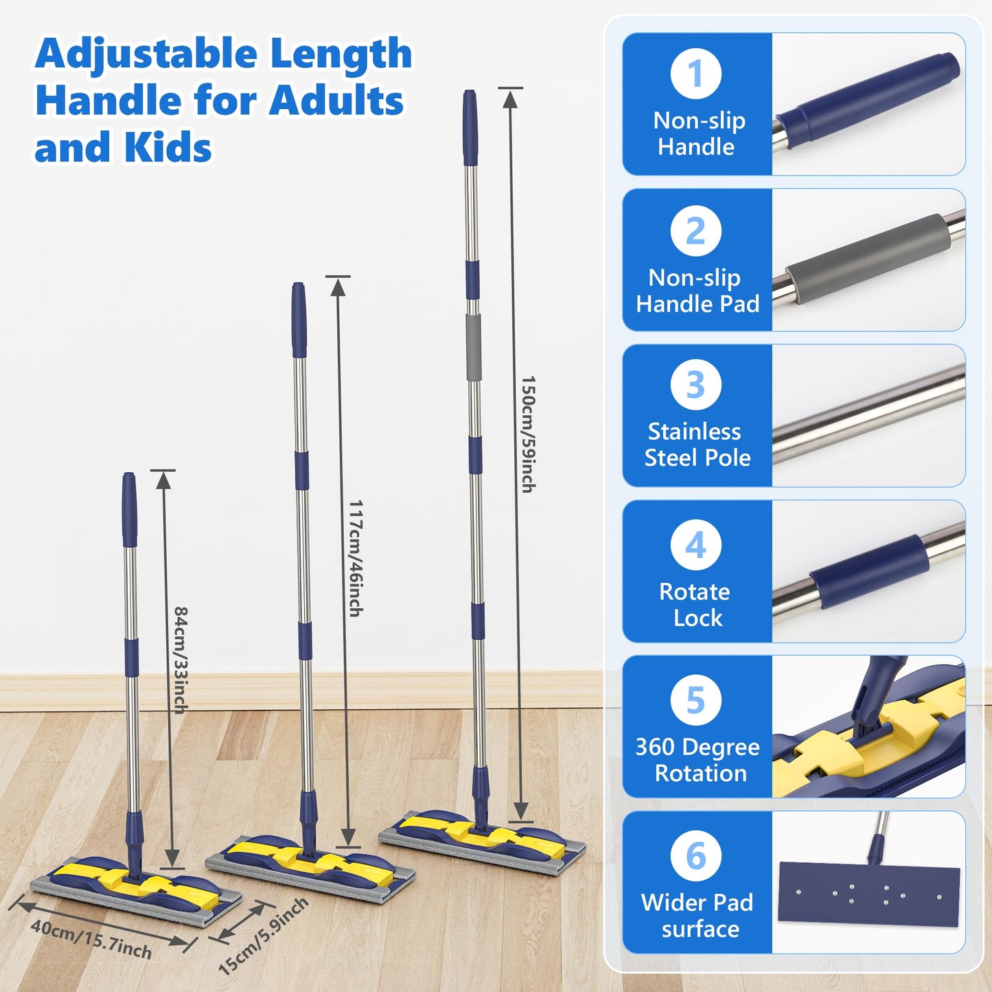 Microfiber Mops for Hardwood Floor Cleaning: MEXERRIS Flat Floor Mop with 4 Washable Pads 59" Adjustable Handle - Dust Dry Mops for Kitchen Bathroom Tile Laminate Wood Vinyl - Home Commercial Mop