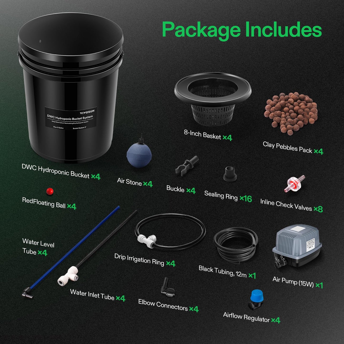 VIVOSUN DWC Hydroponics Grow System with Top Drip Kit, 5-Gallon Deep Water Culture, Recirculating Drip Garden System with Multi-Purpose Air Hose, Air Pump, and Air Stone (4 Buckets + Top Drip Kit)