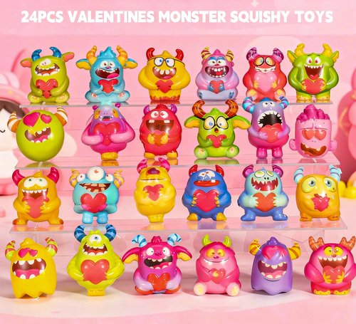 24 Pcs Monster Squishy Toys with Cards for Kids Valentines Day Gifts, Galentines School Gift Exchange, Classroom Prizes, Bag Fillers, Party Favors