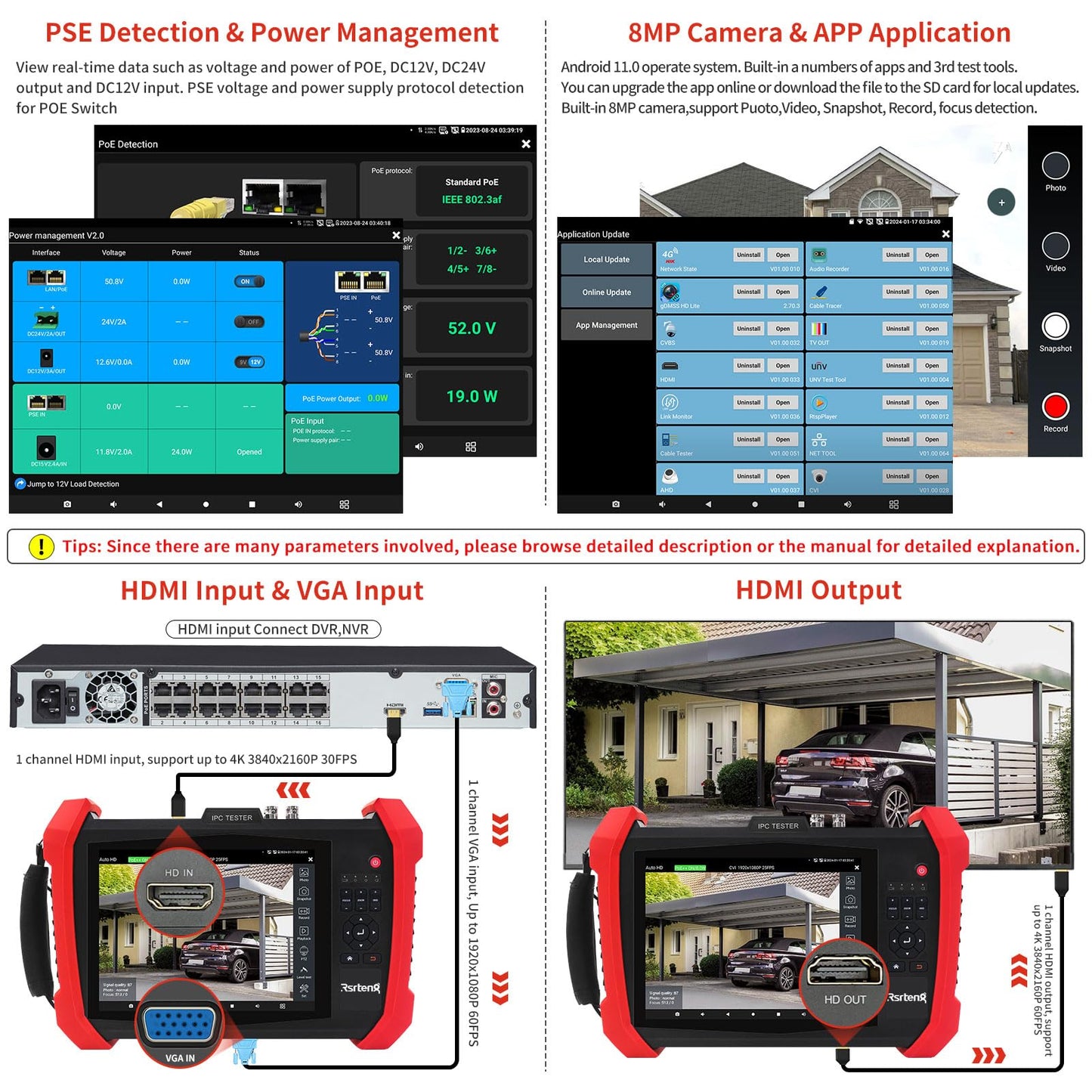 Rsrteng CCTV Tester 8K 32MP 12MP IP Camera Test POE++ Max 90W POE Camera Tester 4K 8MP TVI/CVI/AHD/SDI/CVBS WiFi Network Tools Cable Test Distance Meter 2CH SFP Port HD VGA DC Power Output