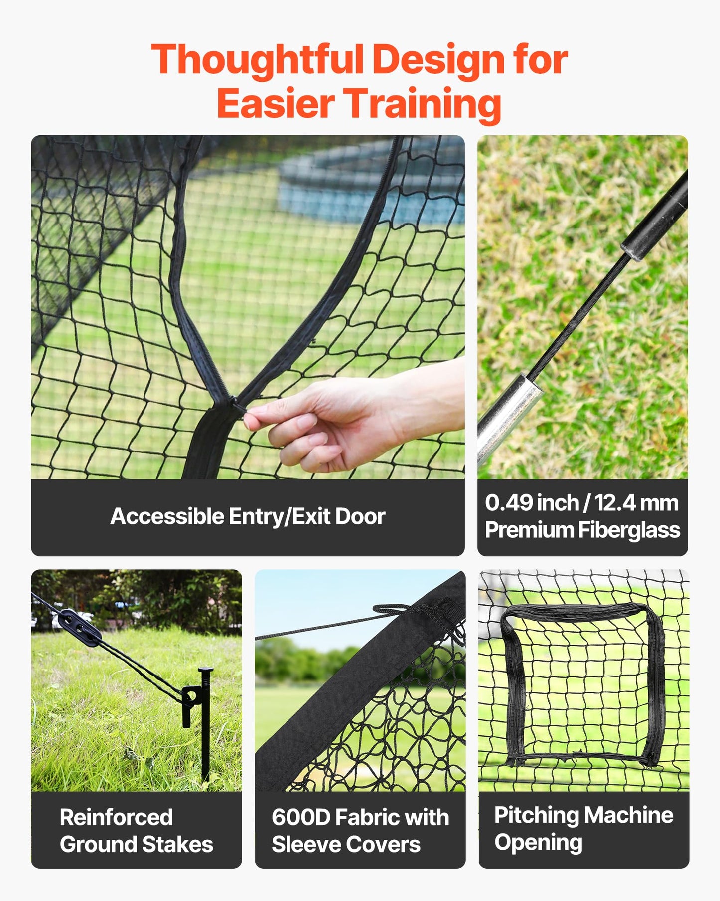 VEVOR Baseball Batting Cage, 12.0 x 10.2 x 7.6 FT Freestanding Portable Batting Cage, Hitting Cages with 4-Ply Knotless Polyester & Pitching Machine Opening, Battings Cages Netting for Outdoor