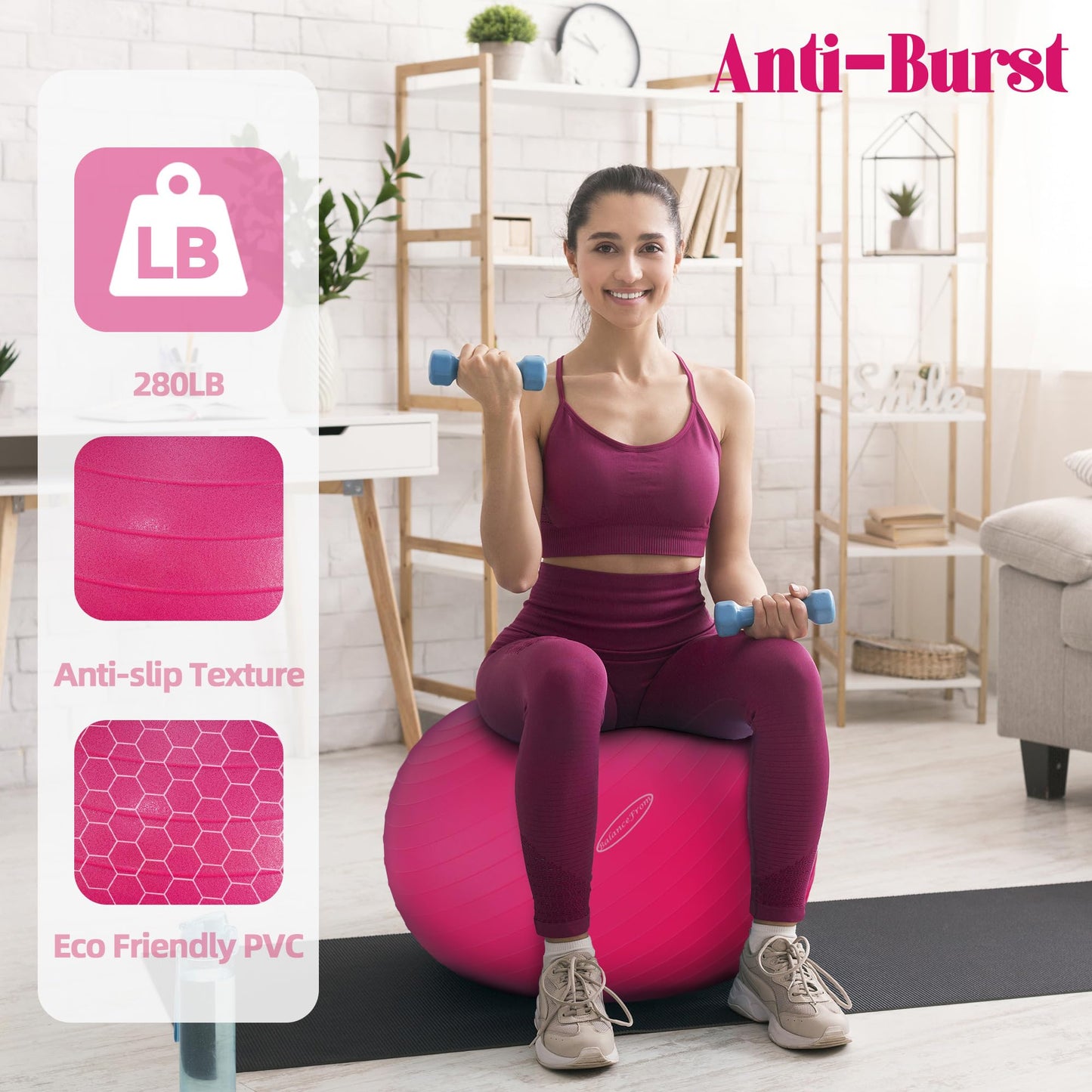 Fitvids Anti-Burst and Slip Resistant Exercise Ball Yoga Ball Fitness Ball Birthing Ball with Quick Pump, 2,000-Pound Capacity, Pink, 30-inch, XL