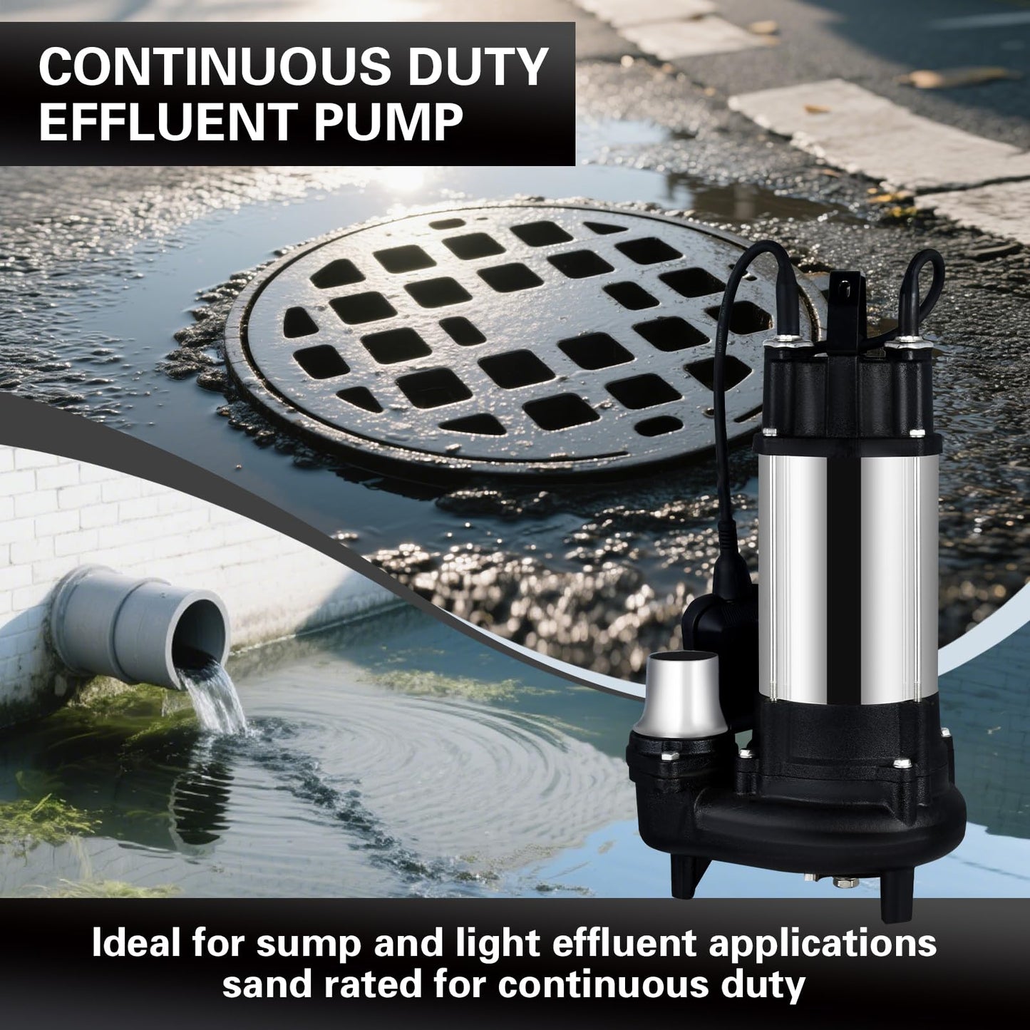 Heavy Duty Submersible Effluent Pump, Stainless Steel Housing, 10ft Power Cord, Non-Clogging Centrifugal Impeller, for Sump and Light Applications