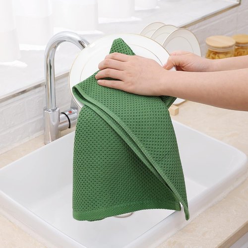 Homaxy Kitchen Dish Towels - Ultra Soft 100% Cotton Waffle Weave, Quick Drying, 13 x 28 Inches, 12-Pack, Grass Green