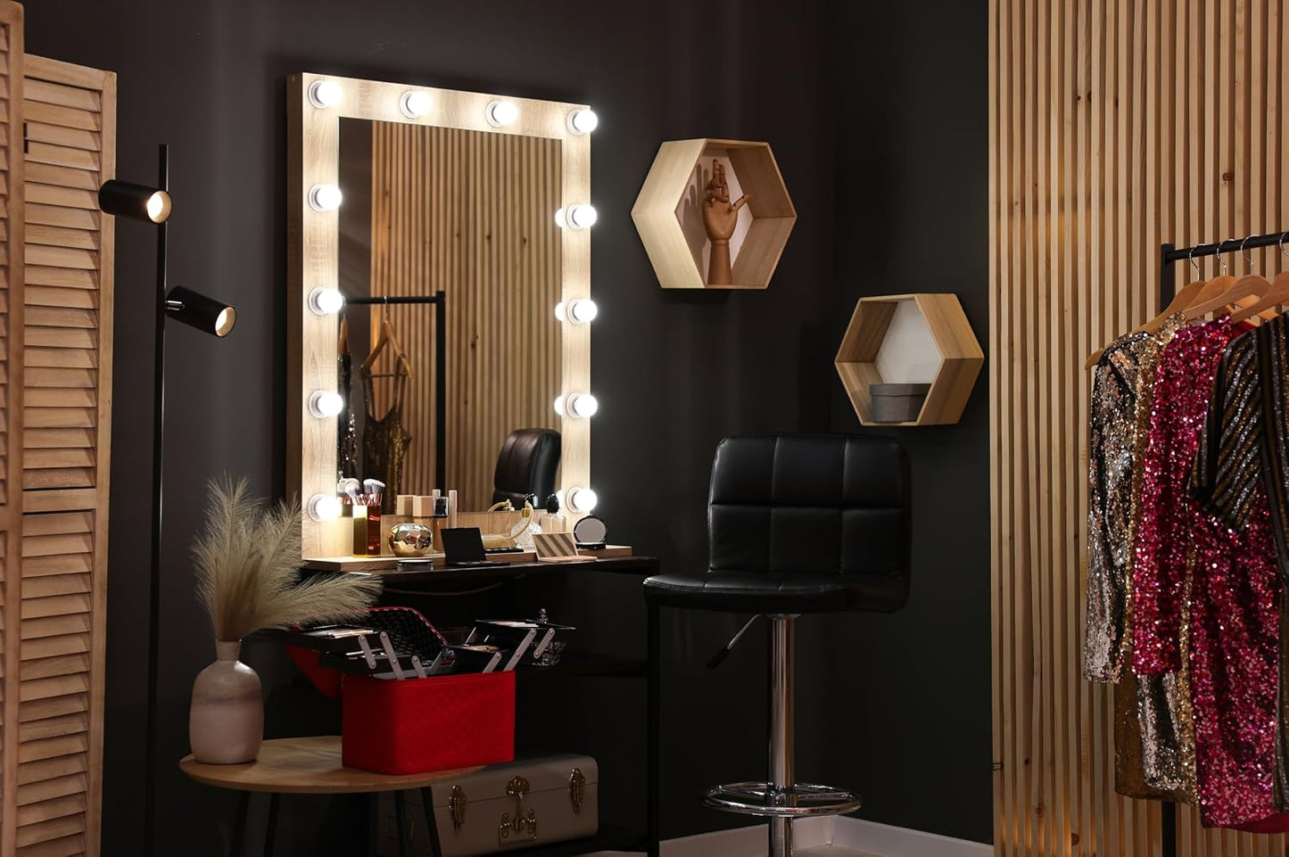 CHNYWORK 7ftx5ft Makeup Room Backdrop Stylish Dressing Table with Large Mirror Black Wall Background Professional Salon