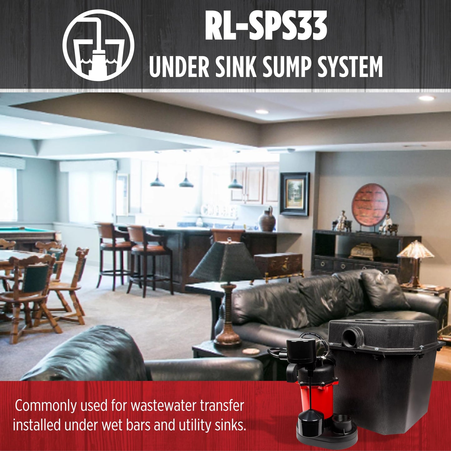 Red Lion RL-SPS33 1/3 HP, 115-Volt, 3200 GPH Under-Sink Sump Pump System with 6 Gallon Basin, Red/Black, 14942736