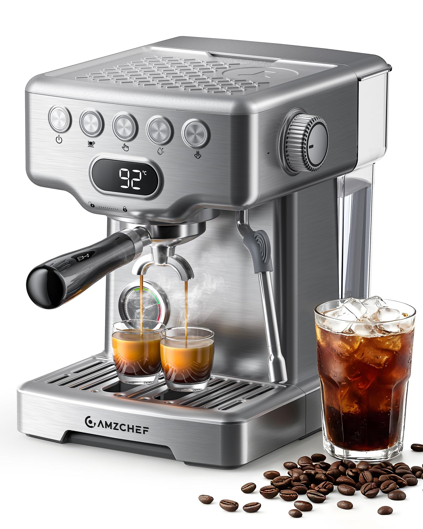 AMZCHEF Ultra Espresso Machine, 58mm Professional with PID Temperature Control for Light to Dark Roast Beans, Built-in Pressure Gauge & 10mm Steam Wand，Provides Barista-Level Lattes and Cappuccinos