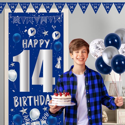 14th Birthday Decorations for Boys Girls, Blue Silver Happy 14th Birthday Party Decorations Supplies - Happy 14 Birthday Backdrop Banner Tablecloth Triangle Flag Balloons for 14 Year Old Bday Party