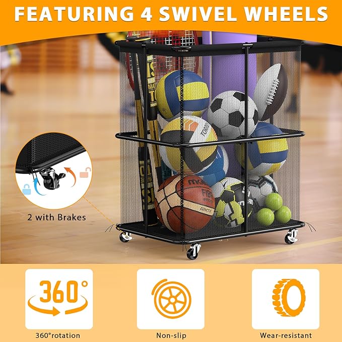 HEOMU Ball Storage Bin Rolling Garage Ball Storage Cart with Lockable Wheels, Metal Frame Mesh Basket Organizer with Zipper for Indoor Outdoor, Sports Equipment Organizer for Garage Gym School, Black