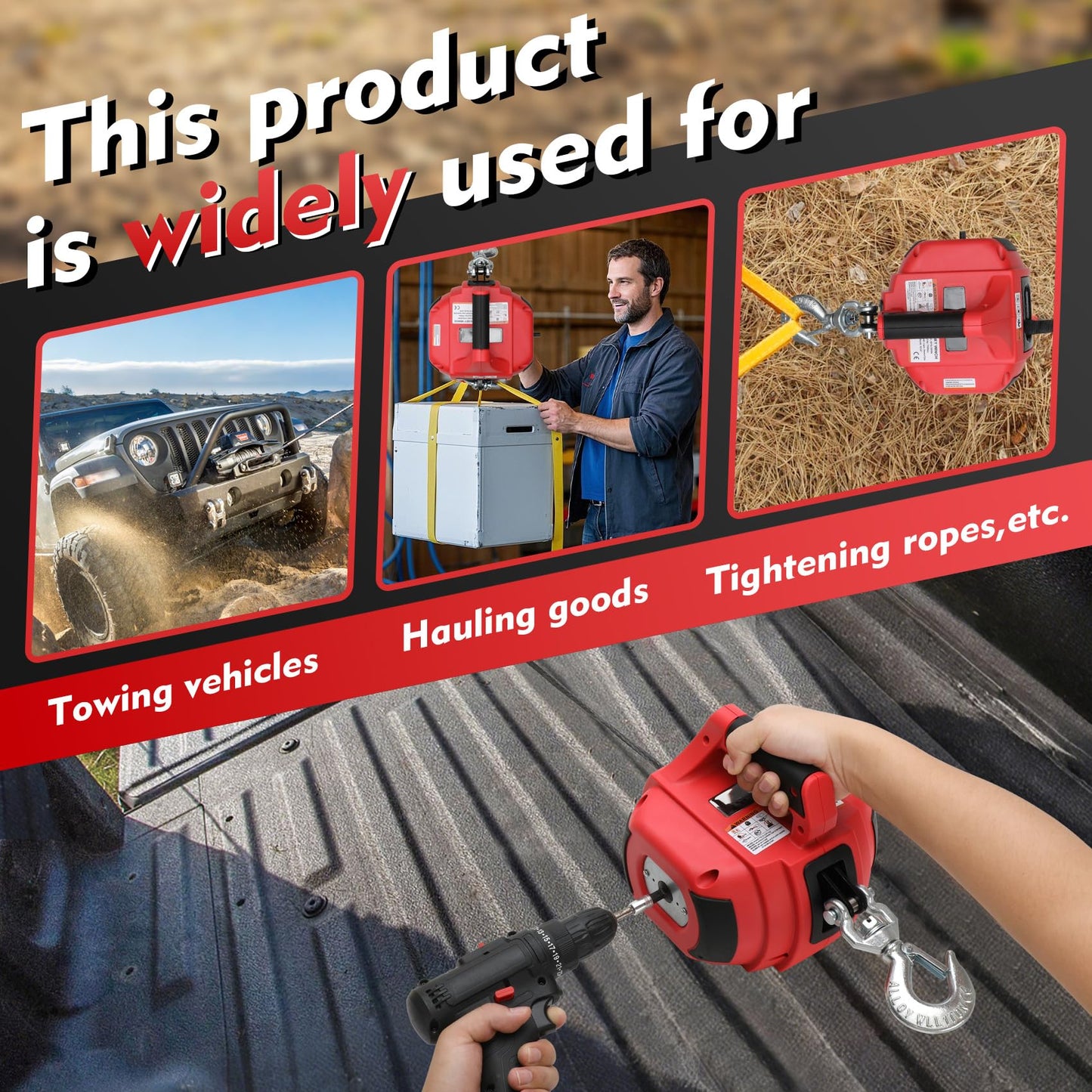 Lonsge Portable Drill Winch of 1000 Lbs, Red Handheld Drill Winch with 40 Foot Synthetic Rope, Rotate The Hook 360 Degrees, for Lifting & Dragging(Red)