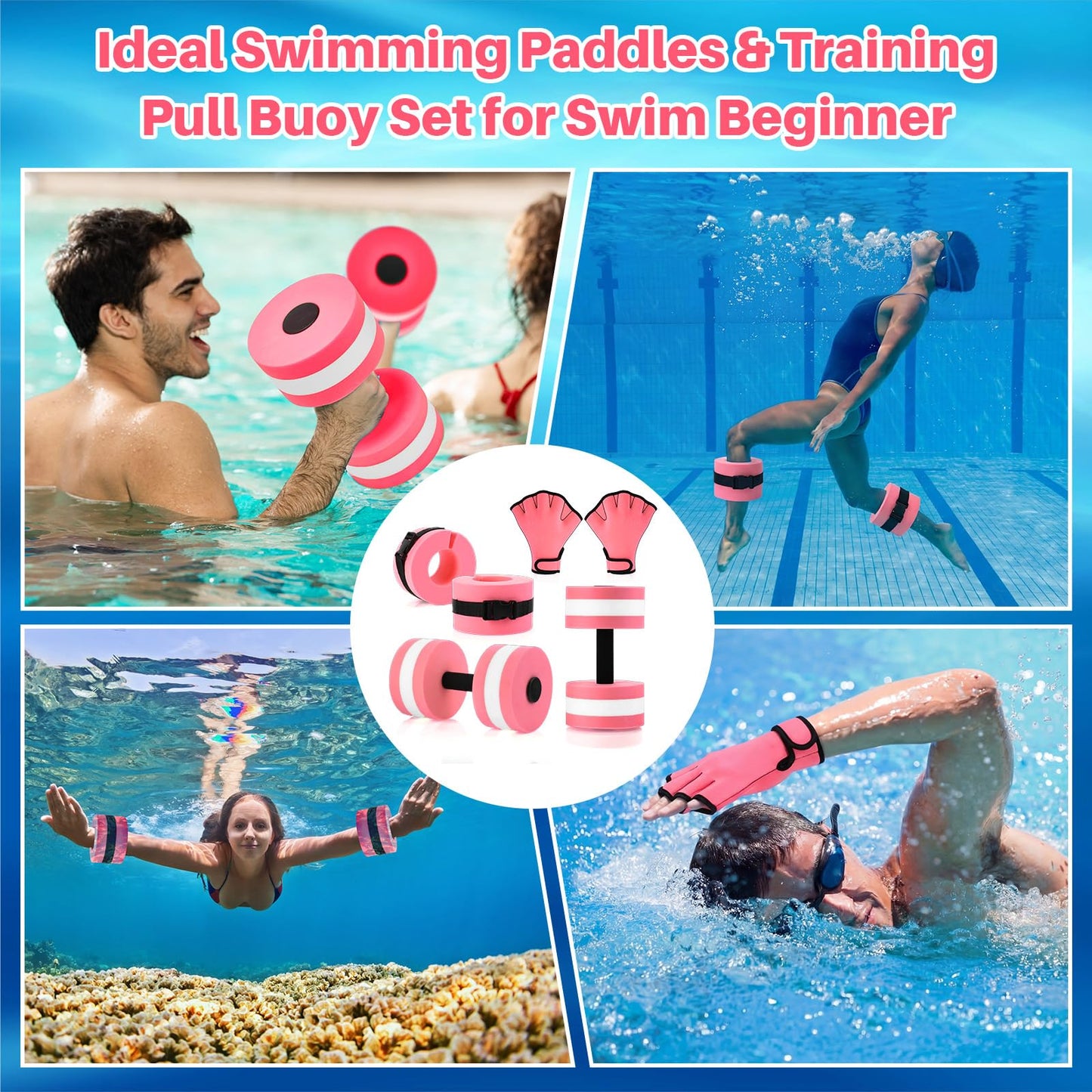 Motionchic Water Aerobics Set, 2 Ankle Swimming Weights 2 Lightweight Aquatic Exercise Dumbbells 1 Pair of Swimming Gloves Pool Exercise Equipment for Aquatic Workout Fitness(Pink)