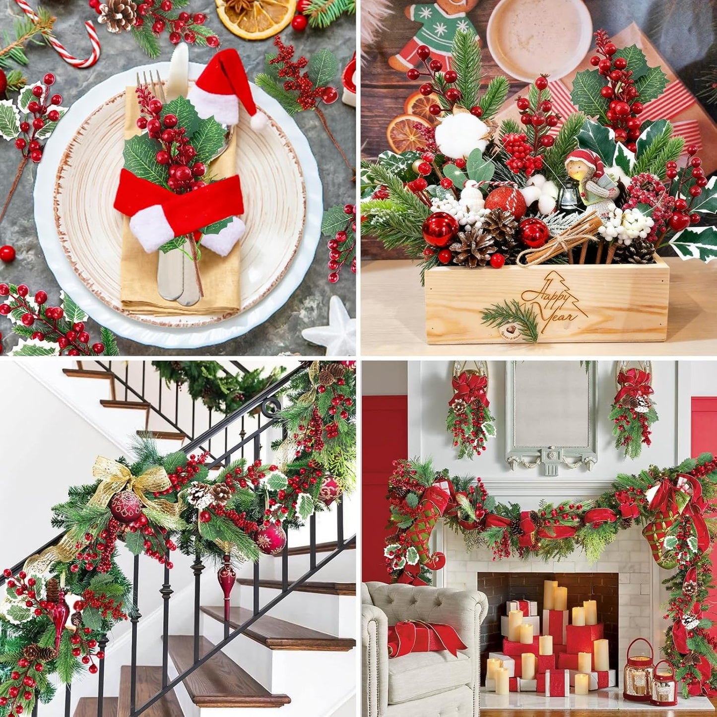Pinecones Red Berry Picks - 12 Pcs Christmas Floral Stems for Wreaths & Tree Decor