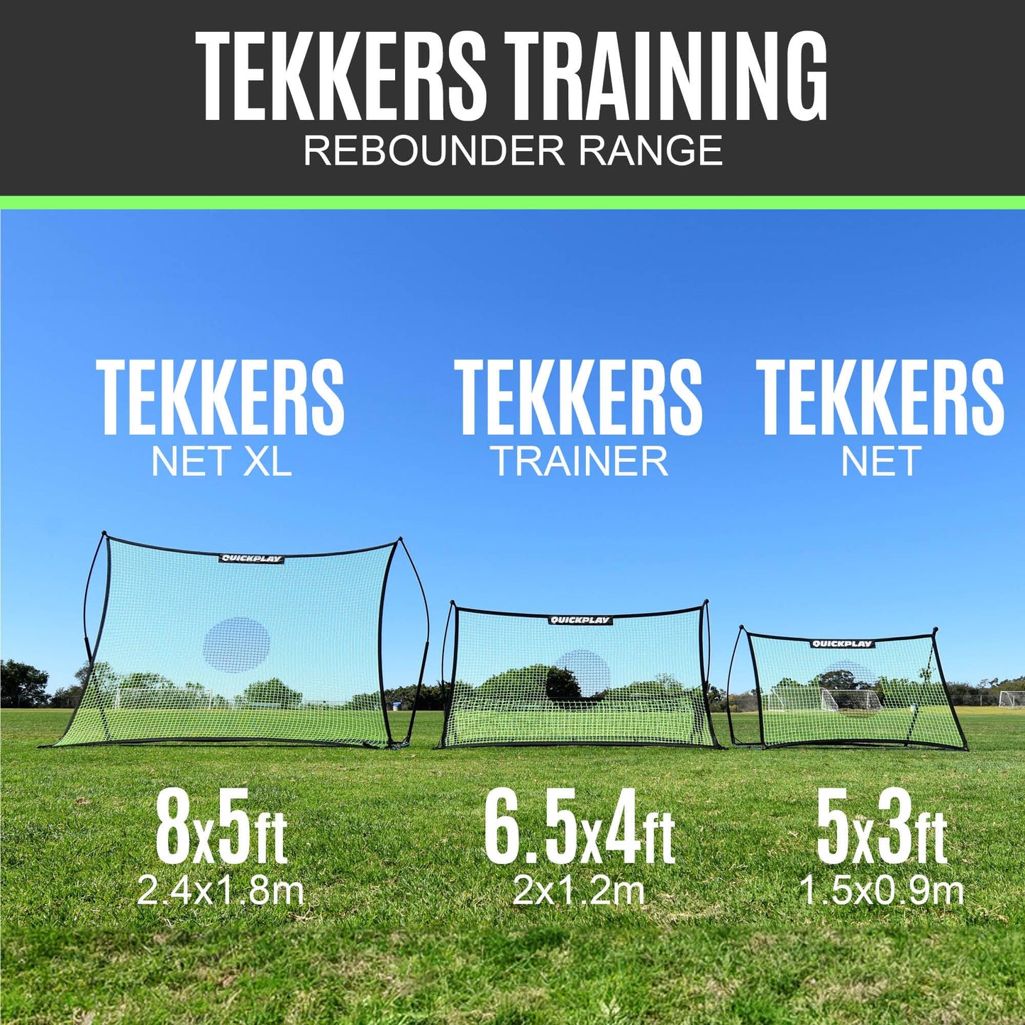 QUICKPLAY TEKKERS TRAINER Soccer Rebounder, 6.5x4' Spot & 6.5x1.5ft Ground Pass Nets, Alloy Steel, Fiberglass, Black, Green, Portable