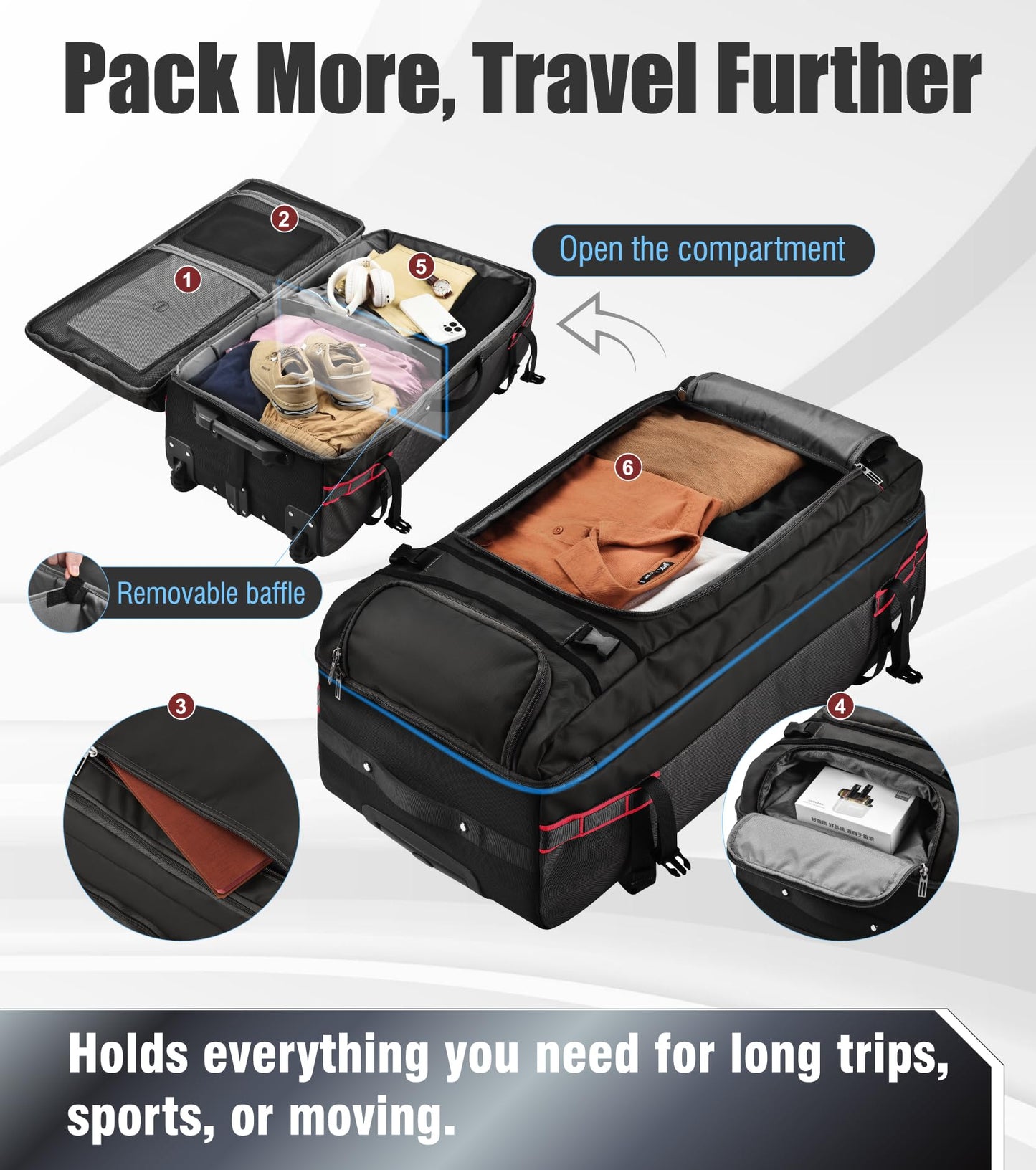 100L Extra Large Rolling Duffel Bag with Wheels and Handle – 33" Heavy-Duty 1600D PVC Checked Luggage for Business Travel and Men’s Week-Long Trips, Foldable Base Design