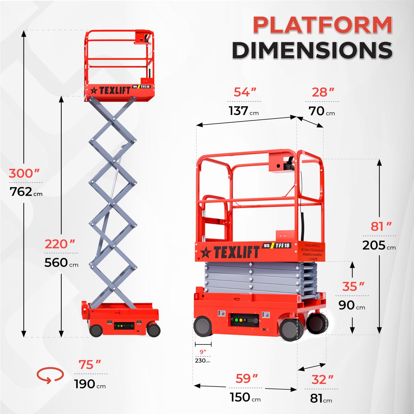 Full Electric Self-Propelled Scissor Lift – Hydraulic Mobile Lifter Aerial Work Platform Height 18 Feet Overall Height 25 Feet – Portable Man Lift Table for Home and Commercial Use - (US-TFE18)
