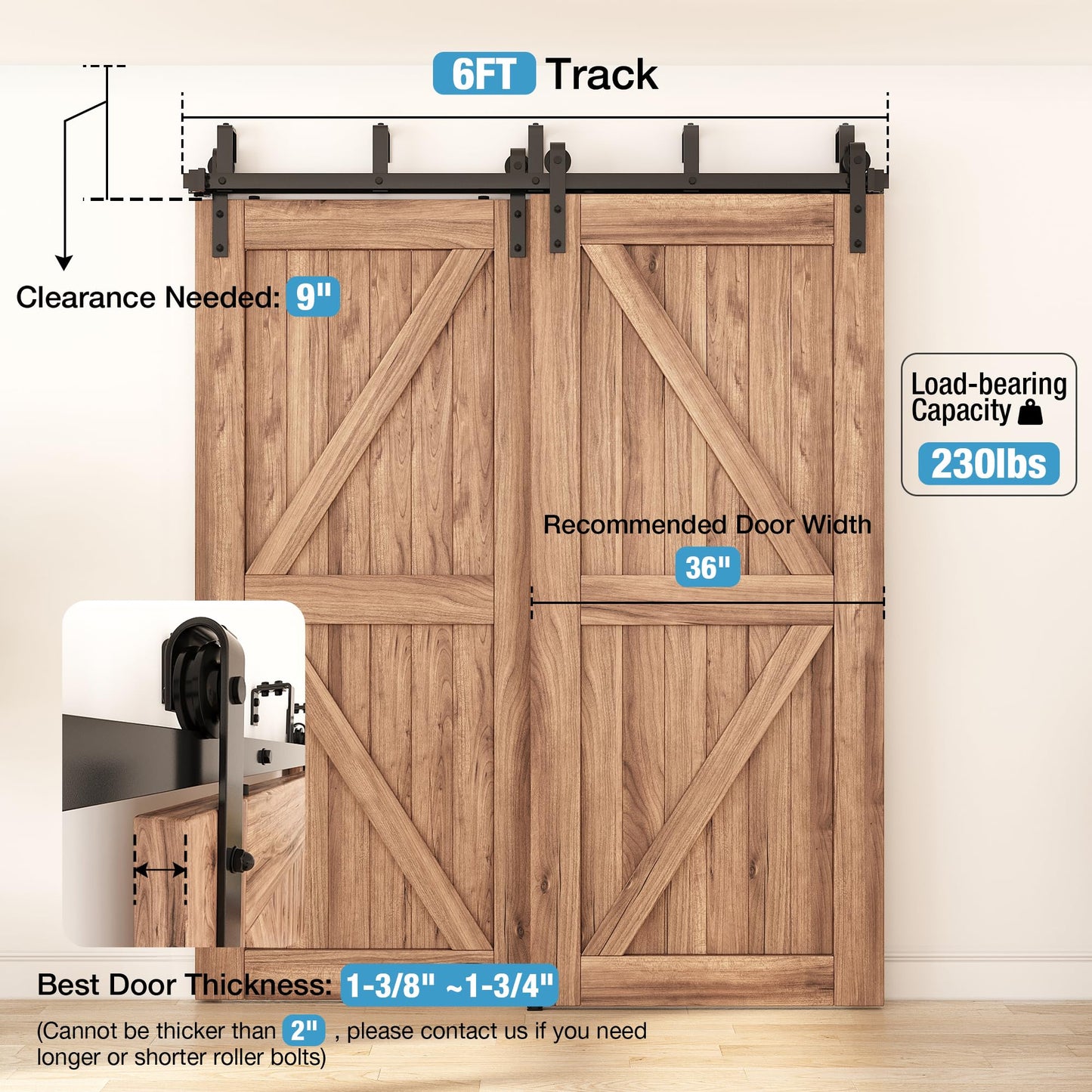 ZEKOO 6FT Double Track Bypass Sliding Barn Door Hardware Kit for 2 Doors, Bypass Barn Door Track Kit, Low Ceiling, Easy Install, J Shape Hanger, Fit 36" Wide Door Panel
